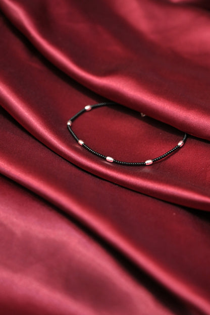 Minimal Black Beaded Anklet with Silver Accents