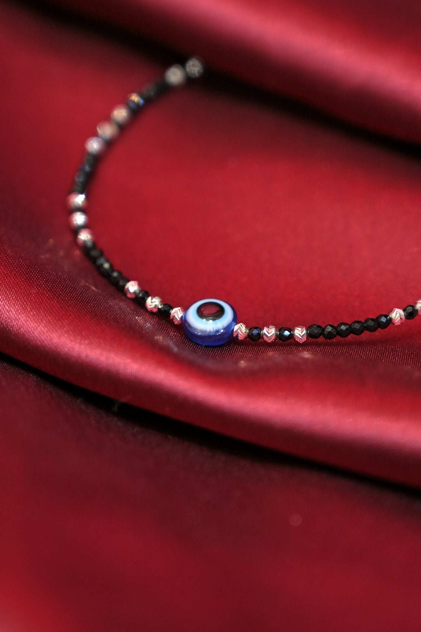 black evil eye beaded silver-toned minimal anklet