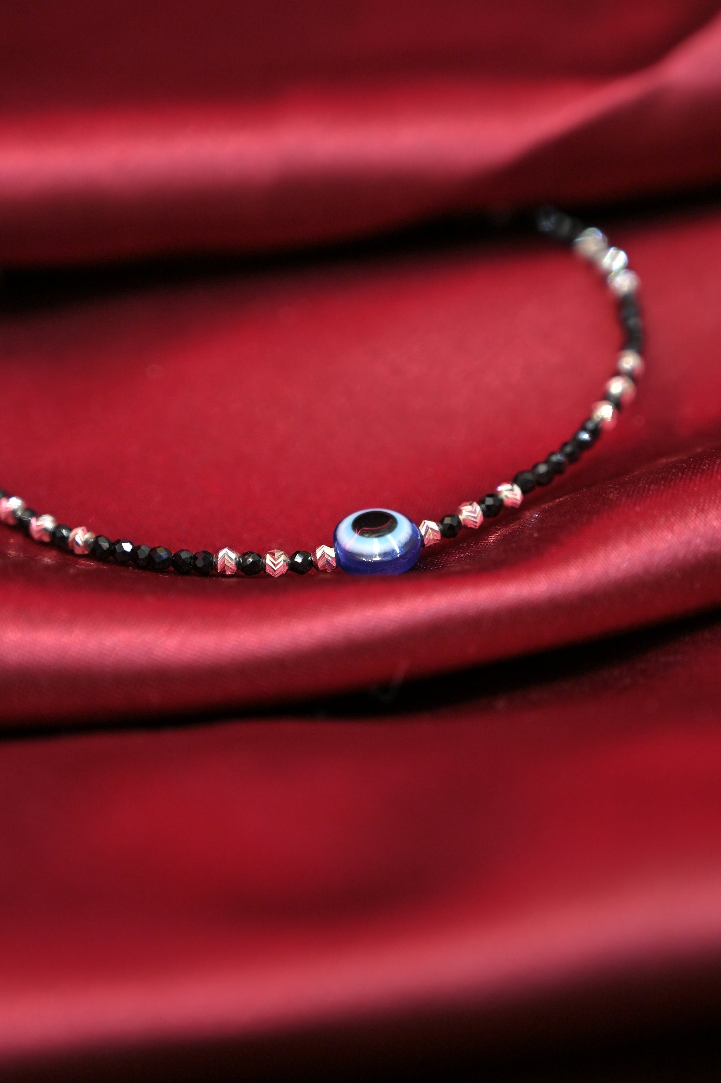 black evil eye beaded silver-toned minimal anklet