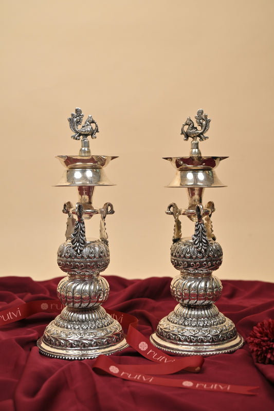 German Silver Traditional Lighting Lamp – Handcrafted Decorative Deepam for Pooja & Festive Décor