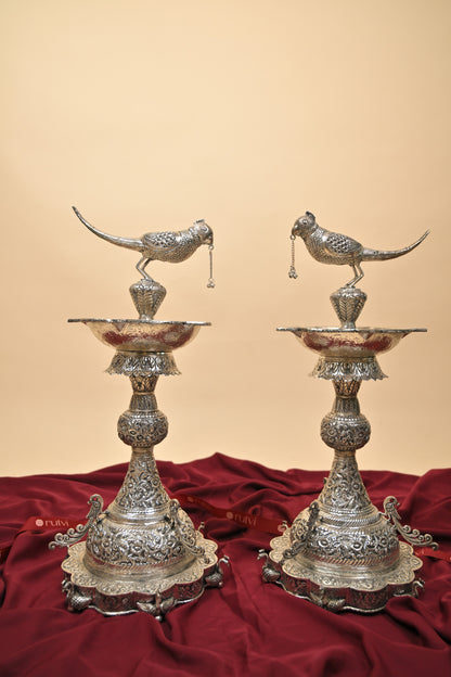 German Silver Parrot Diya – Large Handcrafted Traditional Oil Lamp for Pooja & Festive Décor