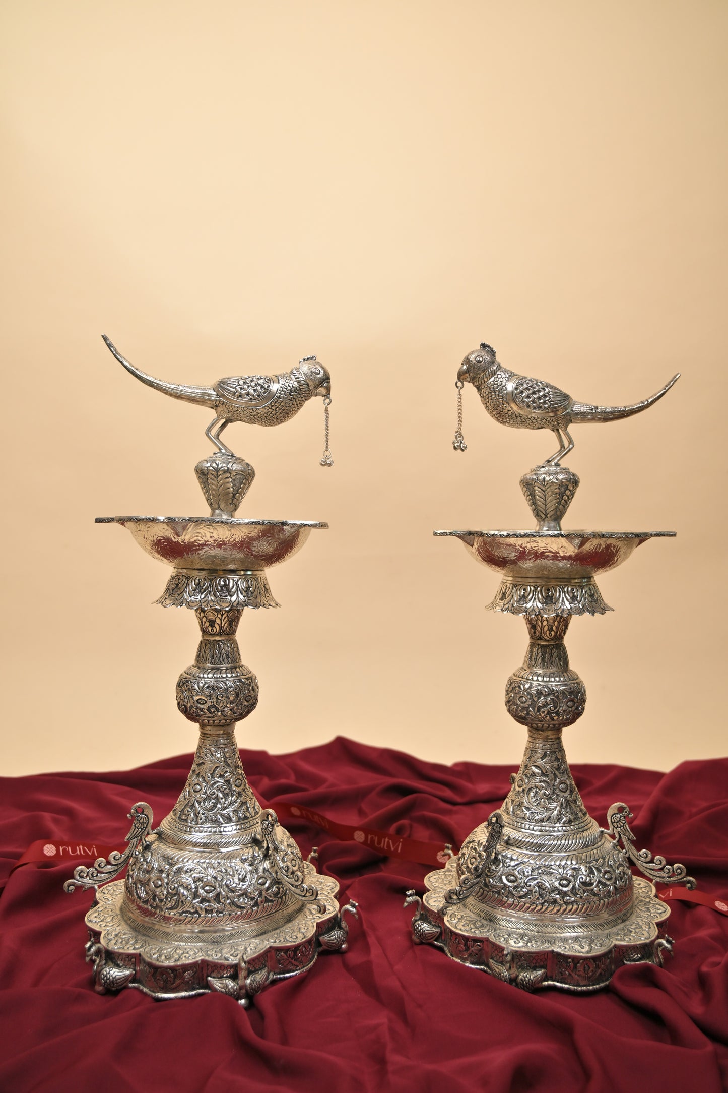 German Silver Parrot Diya – Large Handcrafted Traditional Oil Lamp for Pooja & Festive Décor