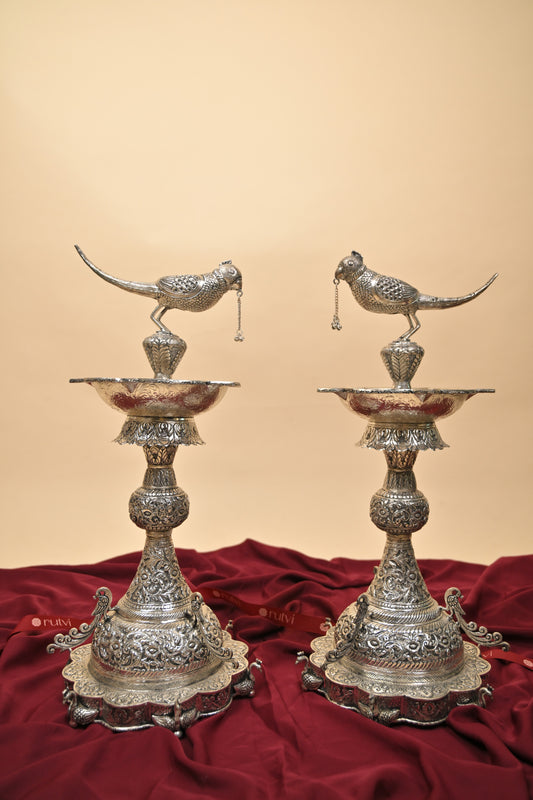 German Silver Parrot Diya – Large Handcrafted Traditional Oil Lamp for Pooja & Festive Décor