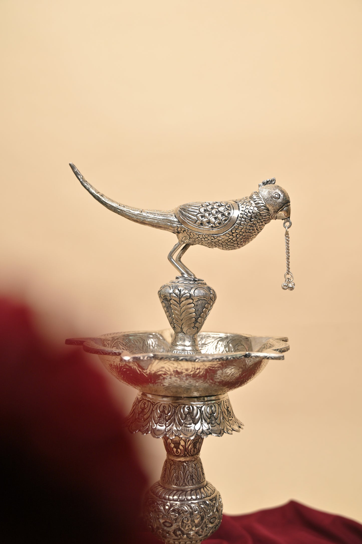 German Silver Parrot Diya – Large Handcrafted Traditional Oil Lamp for Pooja & Festive Décor