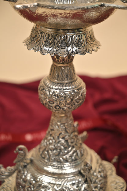 German Silver Parrot Diya – Large Handcrafted Traditional Oil Lamp for Pooja & Festive Décor