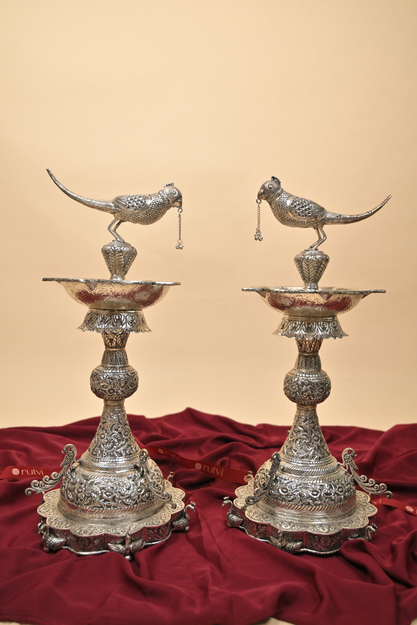 German Silver Parrot Diya – Large Handcrafted Traditional Oil Lamp for Pooja & Festive Décor