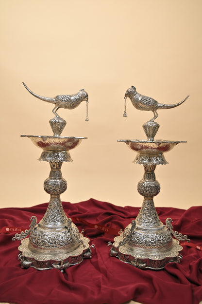 German Silver Parrot Diya – Large Handcrafted Traditional Oil Lamp for Pooja & Festive Décor
