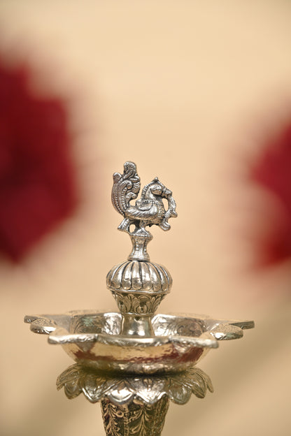 German Silver Peacock Diya – Handcrafted Traditional Oil Lamp for Pooja & Festive Décor