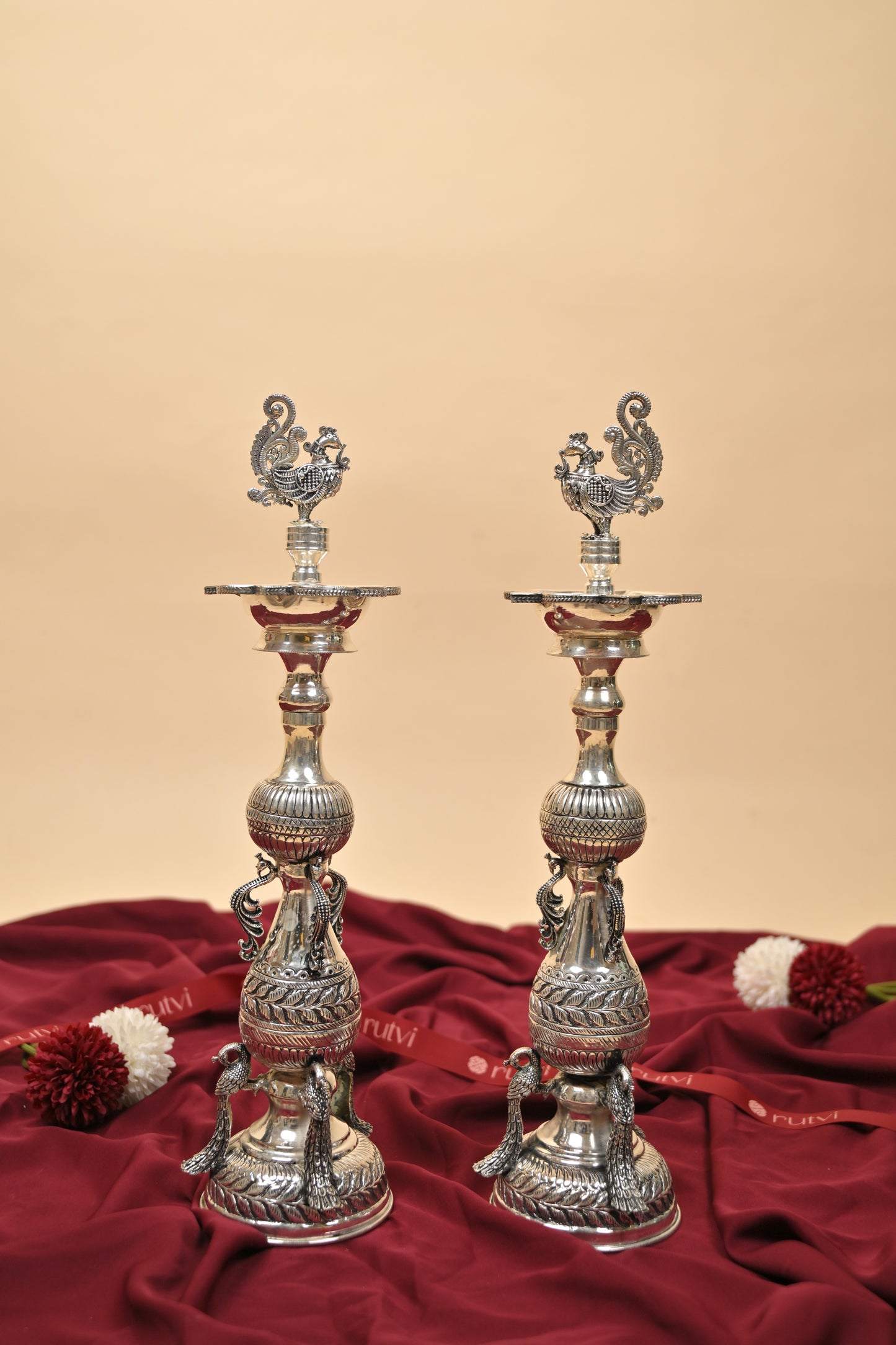 German Silver Peacock Lamp – Handcrafted Traditional Deepam for Pooja & Home Décor