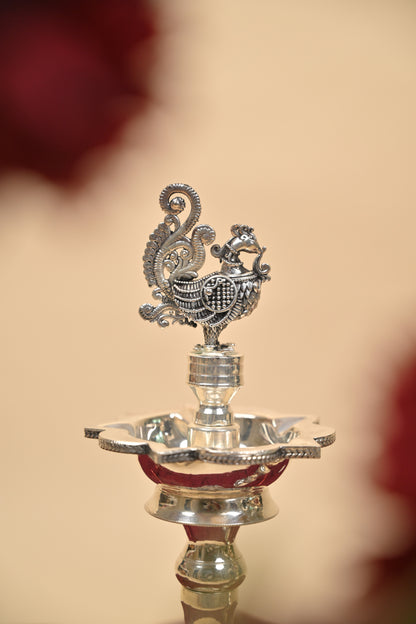 German Silver Peacock Lamp – Handcrafted Traditional Deepam for Pooja & Home Décor