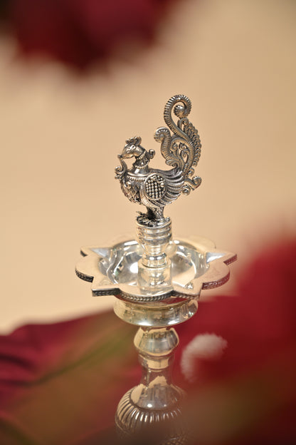 German Silver Peacock Lamp – Handcrafted Traditional Deepam for Pooja & Home Décor
