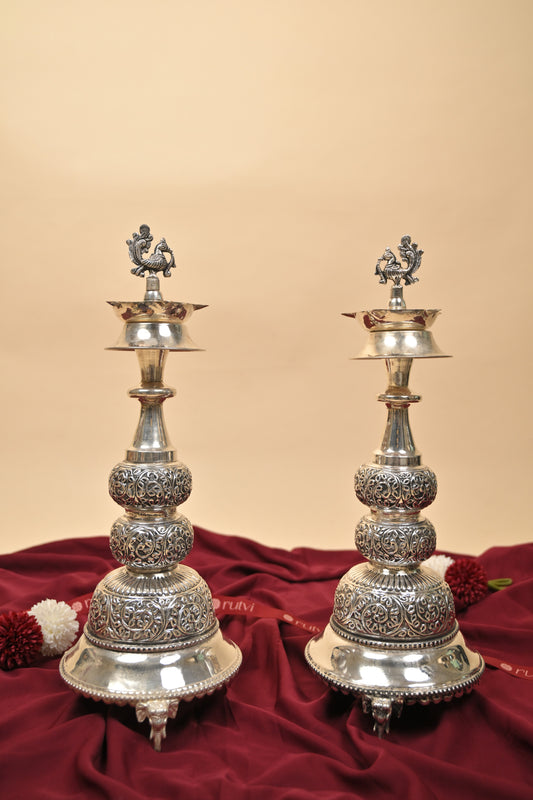 German Silver Peacock Head Lighting Lamp with Antique Body – Handcrafted Traditional Deepam for Pooja Décor