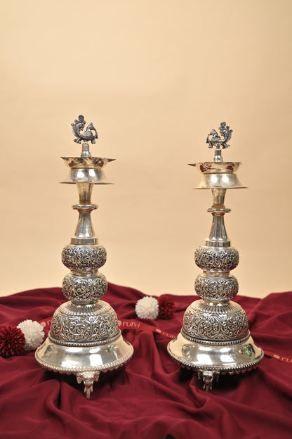 German Silver Peacock Head Lighting Lamp with Antique Body – Handcrafted Traditional Deepam for Pooja Décor
