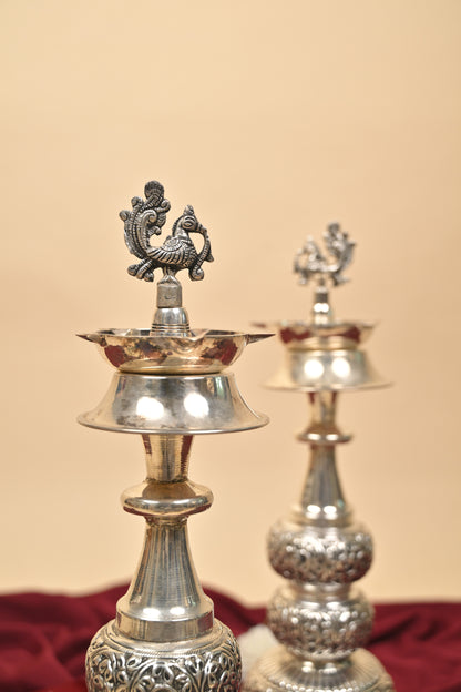 German Silver Peacock Head Lighting Lamp with Antique Body – Handcrafted Traditional Deepam for Pooja Décor