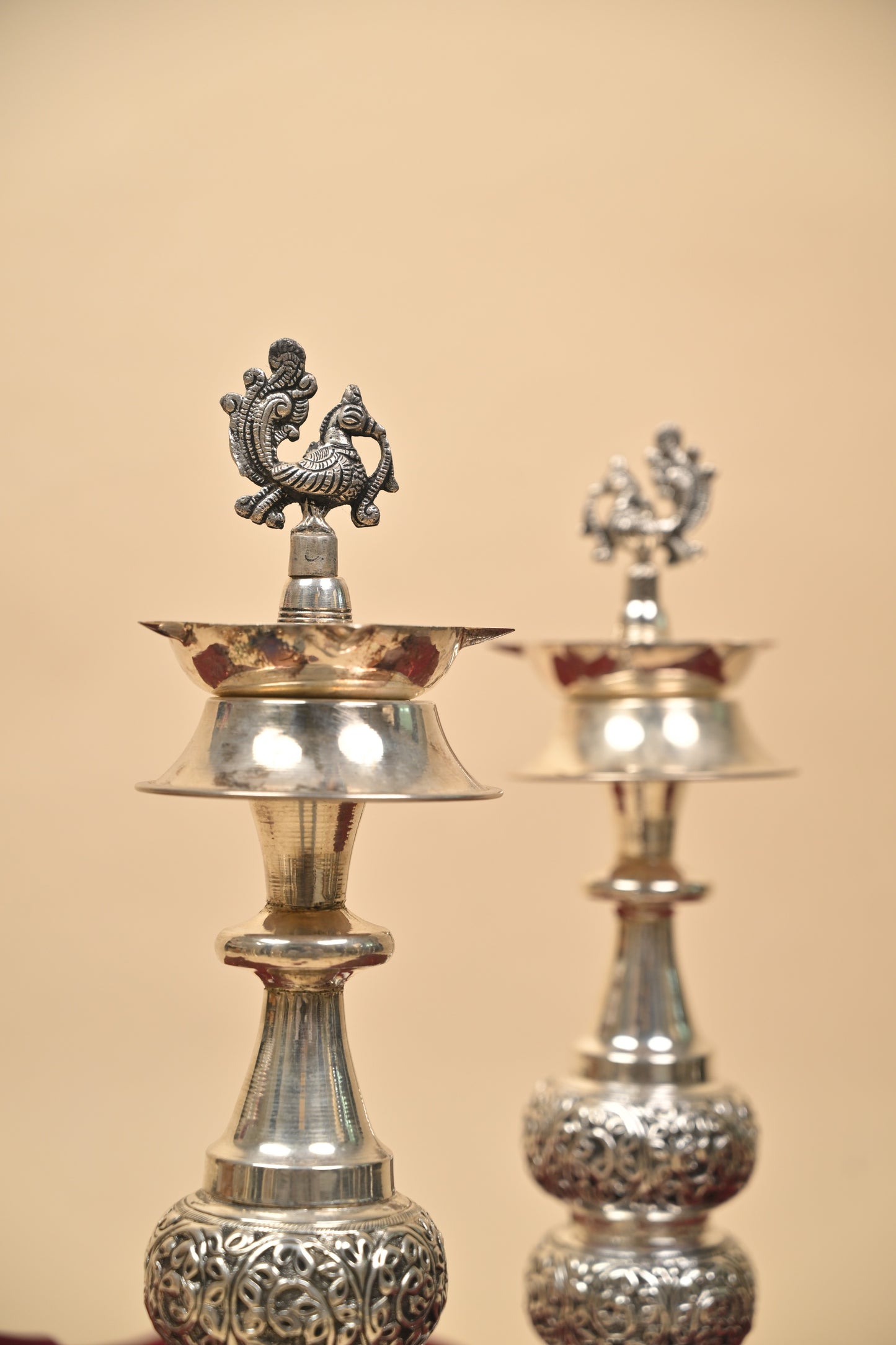 German Silver Peacock Head Lighting Lamp with Antique Body – Handcrafted Traditional Deepam for Pooja Décor
