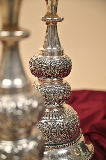German Silver Peacock Head Lighting Lamp with Antique Body – Handcrafted Traditional Deepam for Pooja Décor