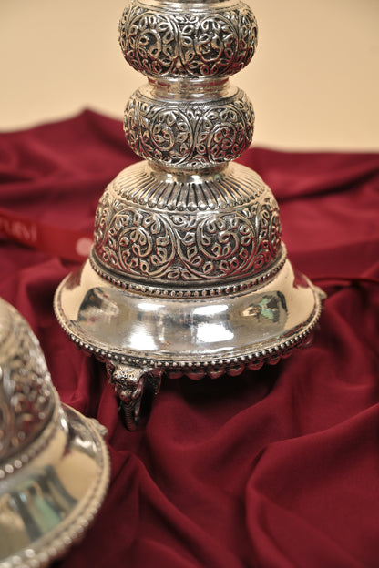 German Silver Peacock Head Lighting Lamp with Antique Body – Handcrafted Traditional Deepam for Pooja Décor