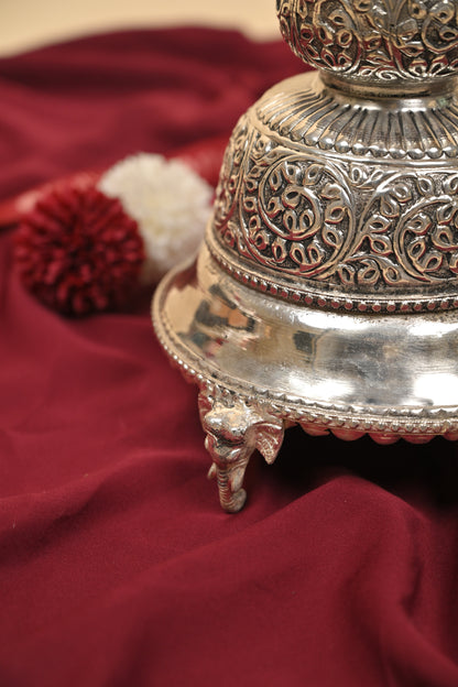 German Silver Peacock Head Lighting Lamp with Antique Body – Handcrafted Traditional Deepam for Pooja Décor