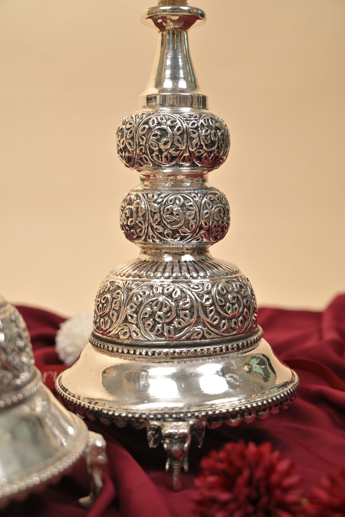 German Silver Peacock Head Lighting Lamp with Antique Body – Handcrafted Traditional Deepam for Pooja Décor