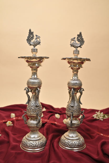 German Silver Peacock Diya – Handcrafted Traditional Oil Lamp for Pooja & Festive Décor