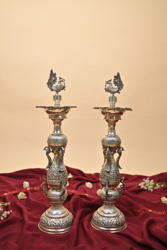German Silver Peacock Diya – Handcrafted Traditional Oil Lamp for Pooja & Festive Décor