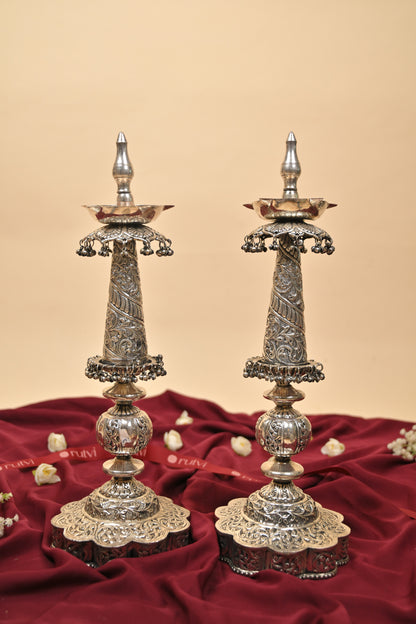 German Silver Lighting Lamp with Floral Base – Handcrafted Traditional Deepam for Pooja & Festive Décor