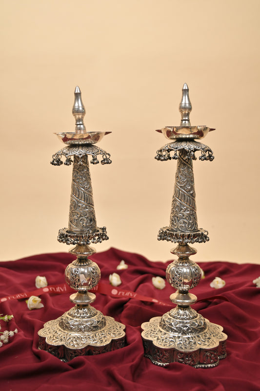 German Silver Lighting Lamp with Floral Base – Handcrafted Traditional Deepam for Pooja & Festive Décor
