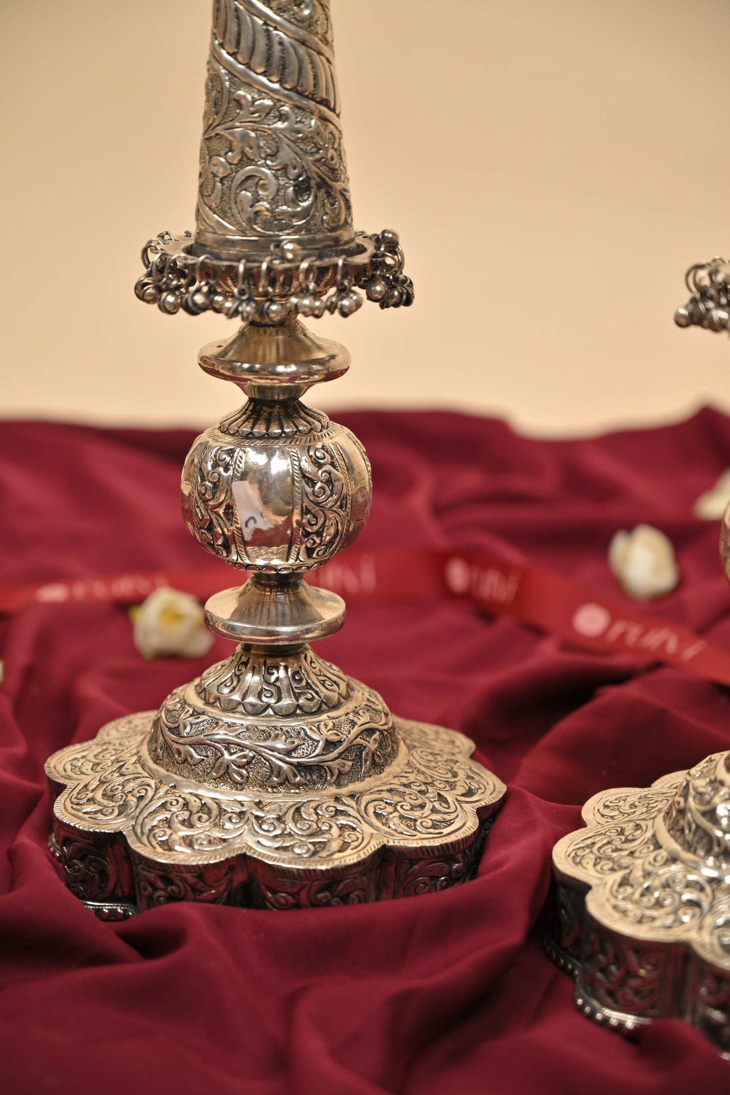 German Silver Lighting Lamp with Floral Base – Handcrafted Traditional Deepam for Pooja & Festive Décor