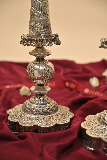 German Silver Lighting Lamp with Floral Base – Handcrafted Traditional Deepam for Pooja & Festive Décor