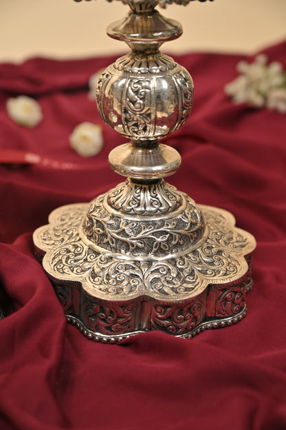 German Silver Lighting Lamp with Floral Base – Handcrafted Traditional Deepam for Pooja & Festive Décor