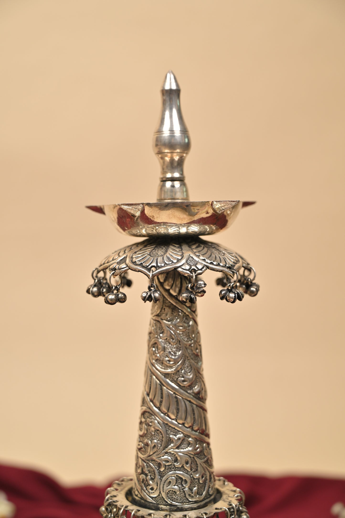 German Silver Lighting Lamp with Floral Base – Handcrafted Traditional Deepam for Pooja & Festive Décor