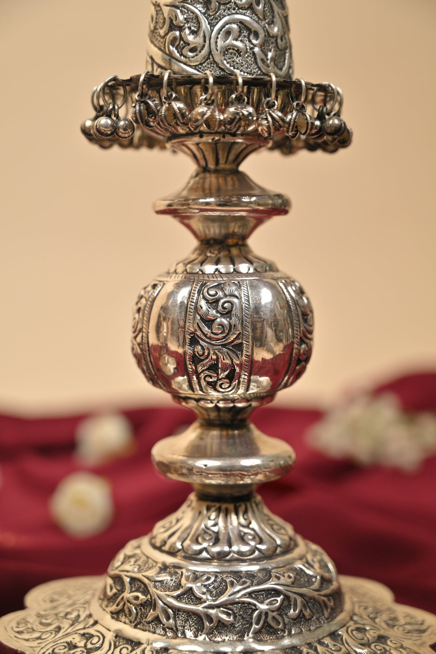 German Silver Lighting Lamp with Floral Base – Handcrafted Traditional Deepam for Pooja & Festive Décor