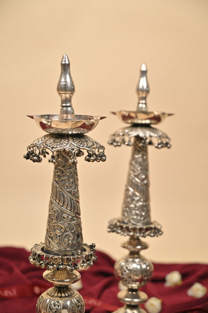 German Silver Lighting Lamp with Floral Base – Handcrafted Traditional Deepam for Pooja & Festive Décor