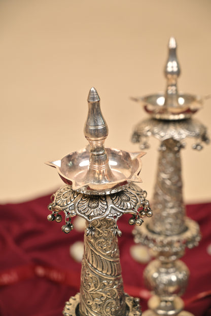 German Silver Lighting Lamp with Floral Base – Handcrafted Traditional Deepam for Pooja & Festive Décor