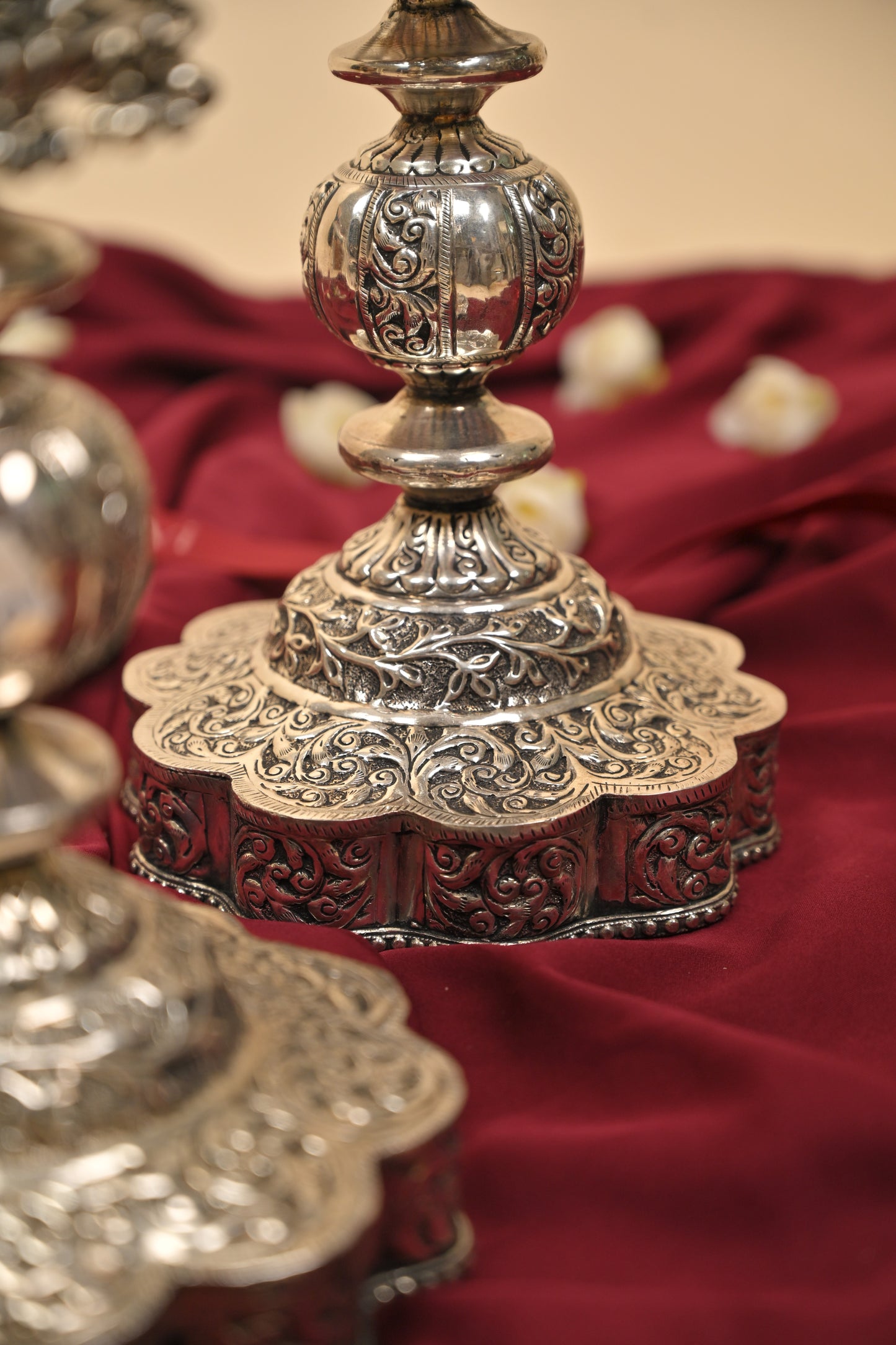 German Silver Lighting Lamp with Floral Base – Handcrafted Traditional Deepam for Pooja & Festive Décor