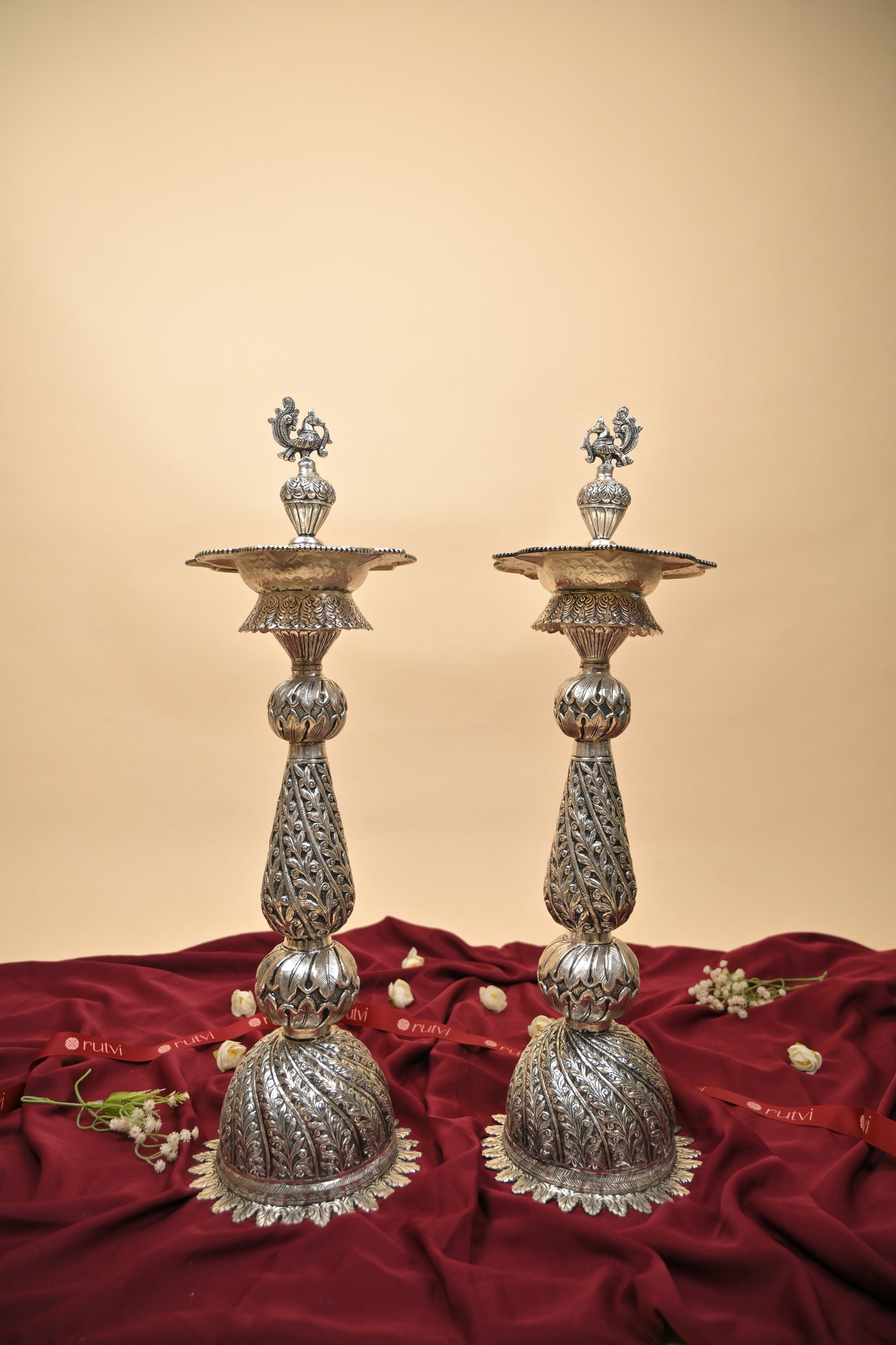 German Silver Kalakrithi Peacock Designed Big Deepa – Handcrafted Traditional Lighting Lamp for Pooja & Temple Décor