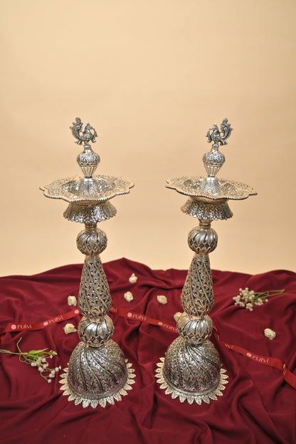 German Silver Kalakrithi Peacock Designed Big Deepa – Handcrafted Traditional Lighting Lamp for Pooja & Temple Décor