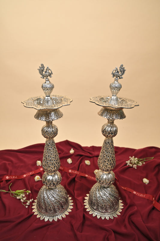 German Silver Kalakrithi Peacock Designed Big Deepa – Handcrafted Traditional Lighting Lamp for Pooja & Temple Décor