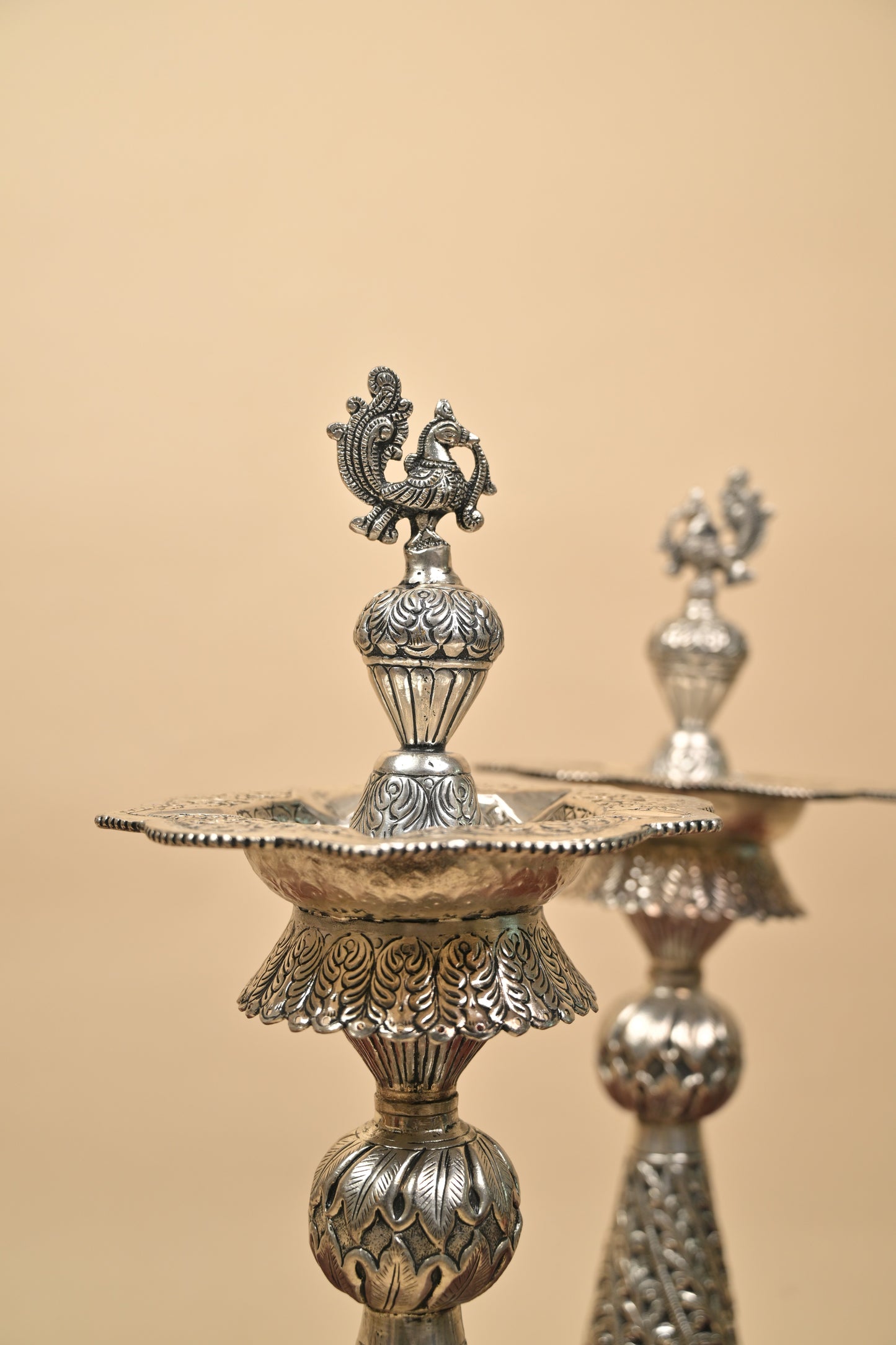 German Silver Kalakrithi Peacock Designed Big Deepa – Handcrafted Traditional Lighting Lamp for Pooja & Temple Décor