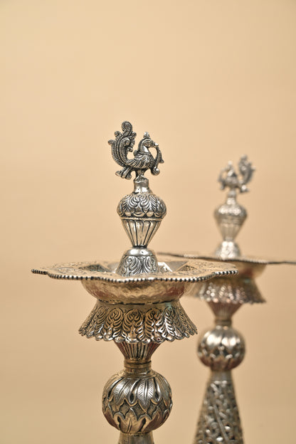 German Silver Kalakrithi Peacock Designed Big Deepa – Handcrafted Traditional Lighting Lamp for Pooja & Temple Décor