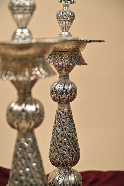 German Silver Kalakrithi Peacock Designed Big Deepa – Handcrafted Traditional Lighting Lamp for Pooja & Temple Décor