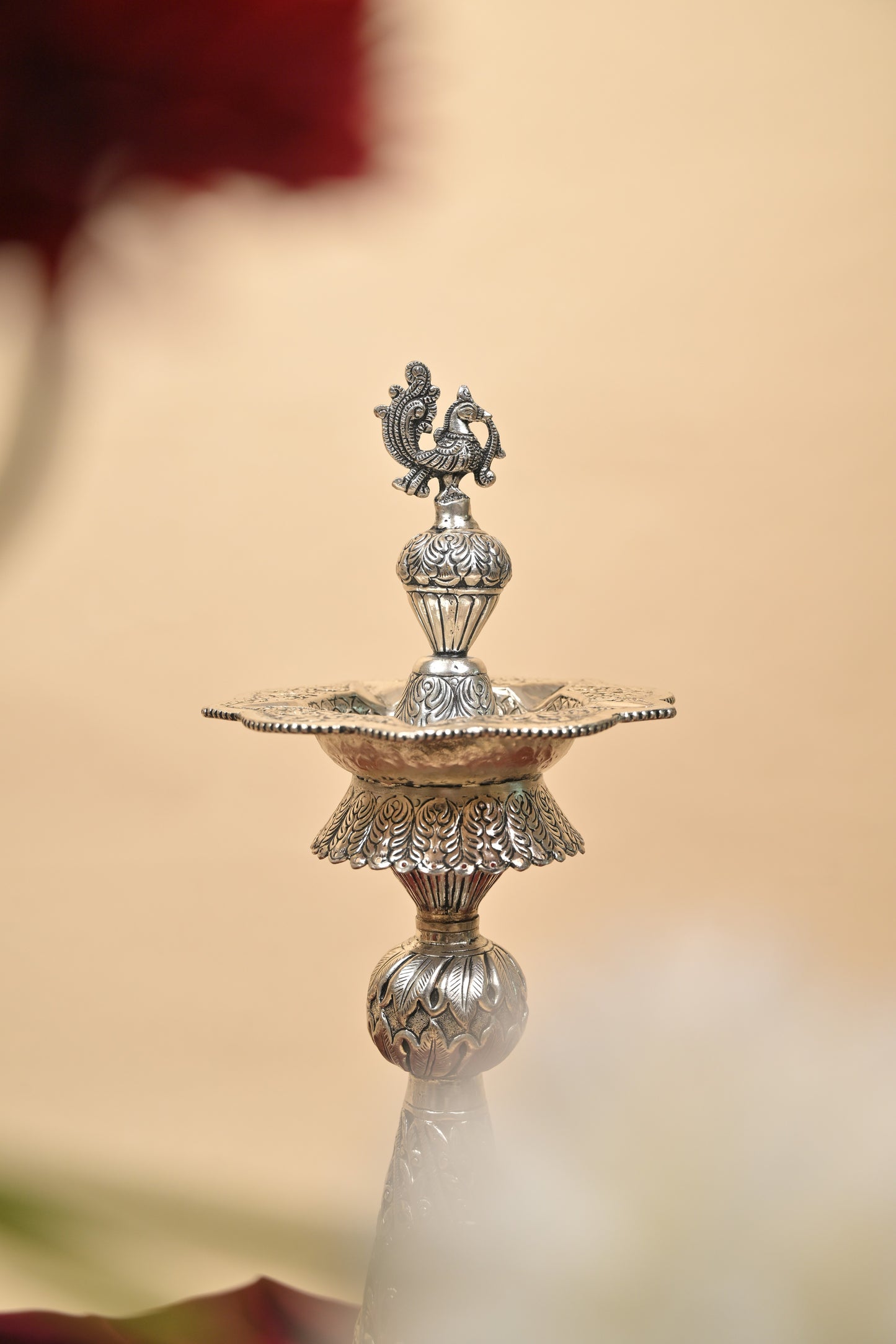 German Silver Kalakrithi Peacock Designed Big Deepa – Handcrafted Traditional Lighting Lamp for Pooja & Temple Décor