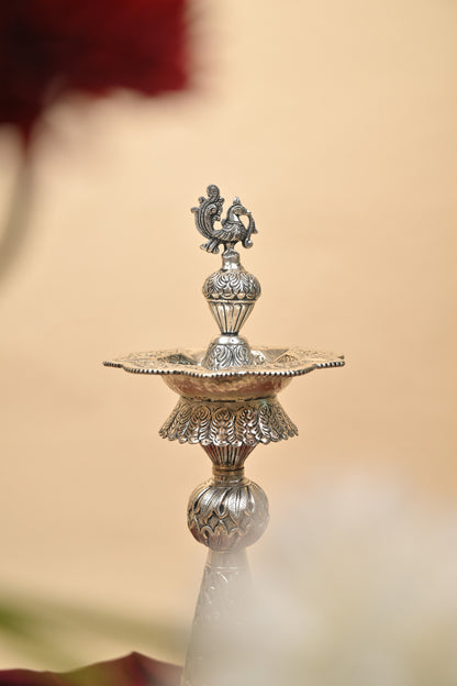 German Silver Kalakrithi Peacock Designed Big Deepa – Handcrafted Traditional Lighting Lamp for Pooja & Temple Décor