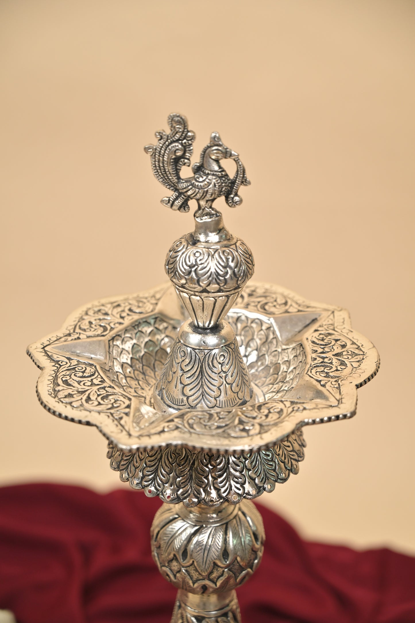 German Silver Kalakrithi Peacock Designed Big Deepa – Handcrafted Traditional Lighting Lamp for Pooja & Temple Décor