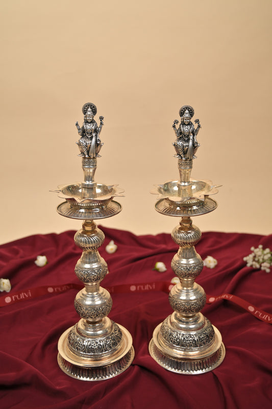 Sterling Silver Lakshmi Face Design Oil Lamp Pair – Handcrafted Vintage Deepam for Pooja & Temple Décor