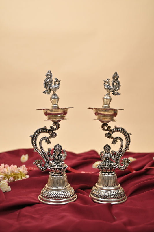 German Silver Lakshmi Ganesh Lamp – Handcrafted Traditional Deepam for Pooja & Festive Décor