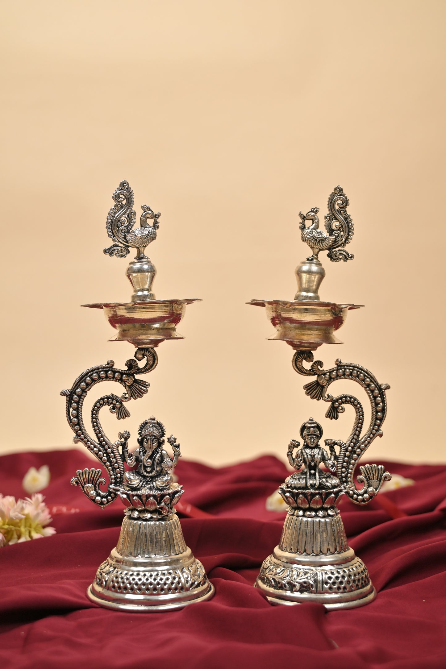 German Silver Lakshmi Ganesh Lamp – Handcrafted Traditional Deepam for Pooja & Festive Décor