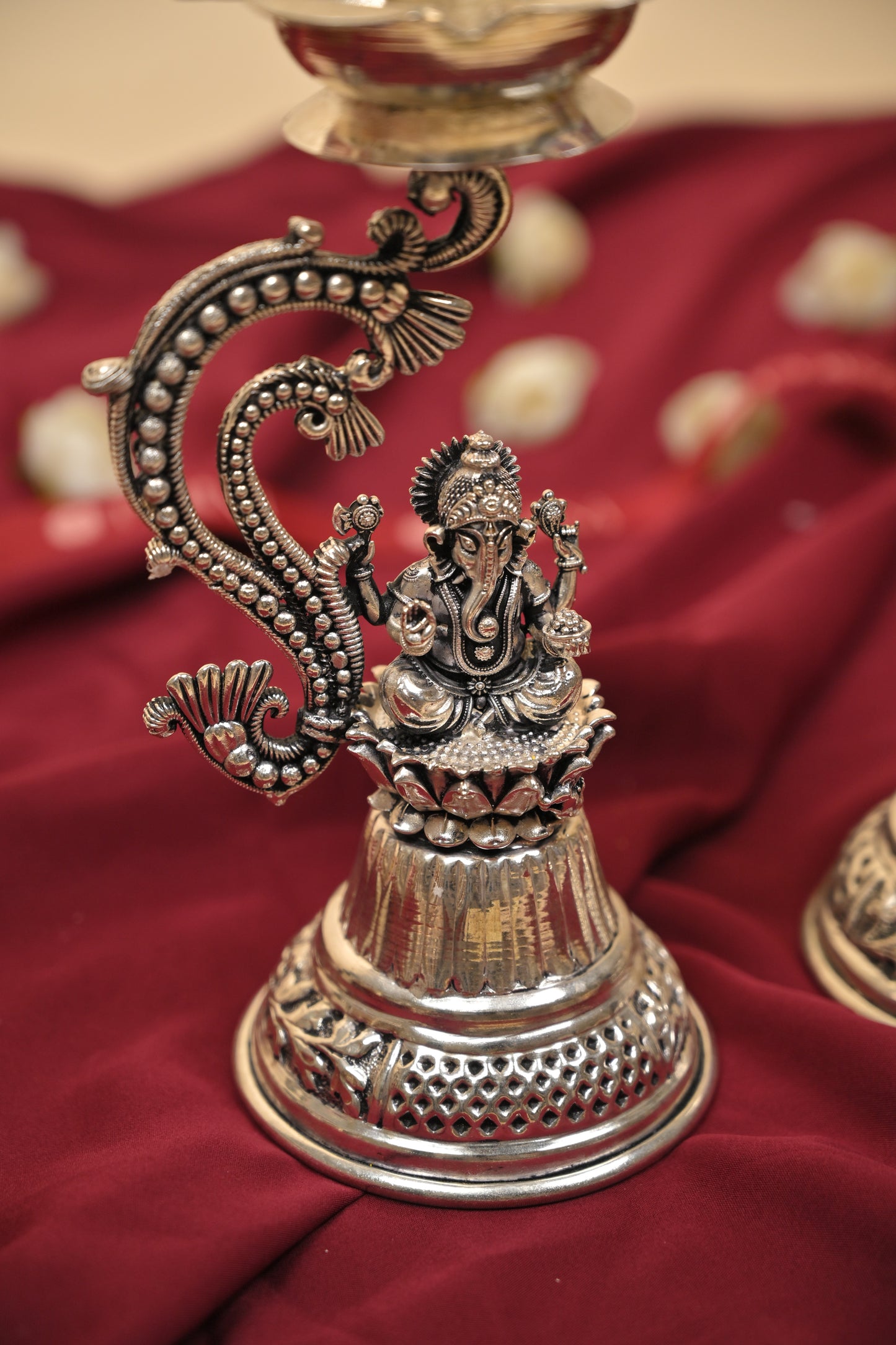 German Silver Lakshmi Ganesh Lamp – Handcrafted Traditional Deepam for Pooja & Festive Décor