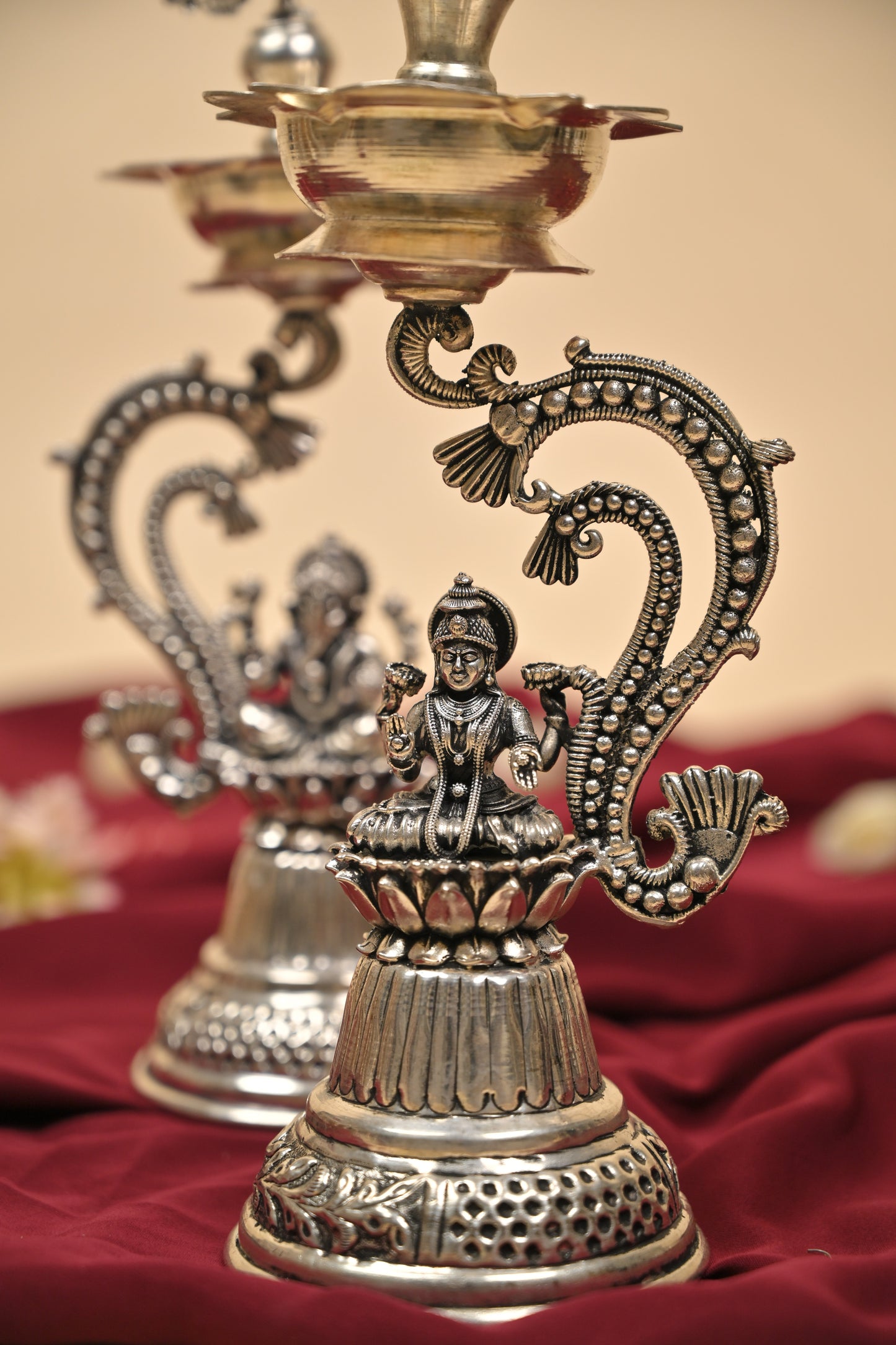 German Silver Lakshmi Ganesh Lamp – Handcrafted Traditional Deepam for Pooja & Festive Décor
