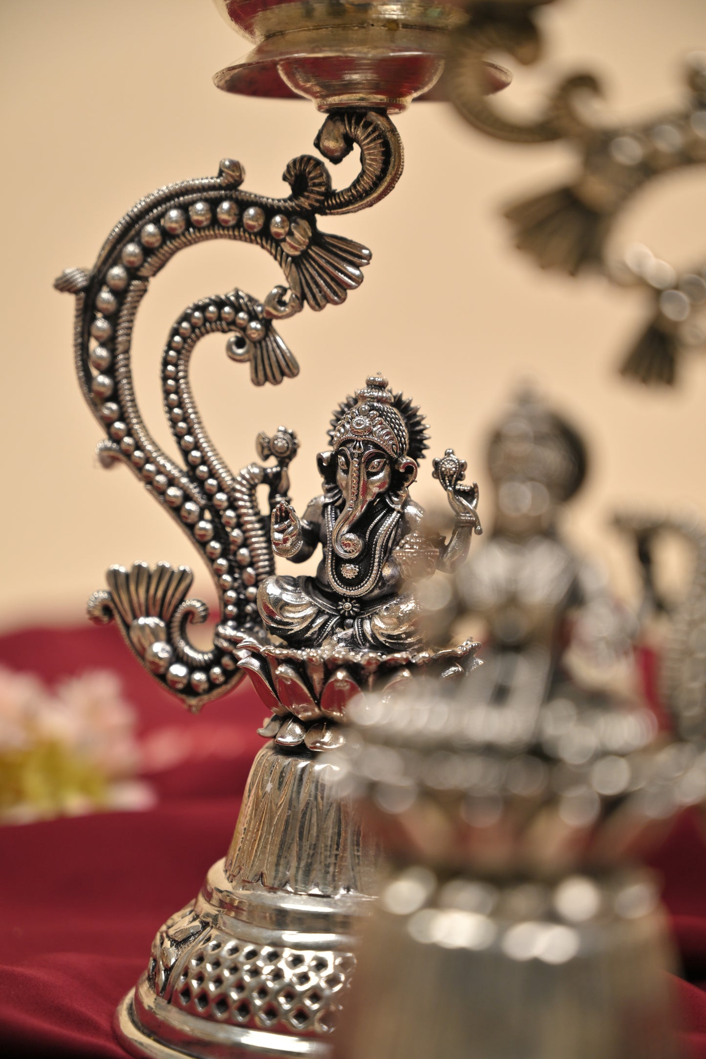 German Silver Lakshmi Ganesh Lamp – Handcrafted Traditional Deepam for Pooja & Festive Décor